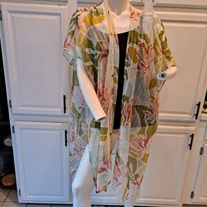 Nine West Olive Multicolor Floral 1/2 Sleeve Sheer Kimono Duster NWT